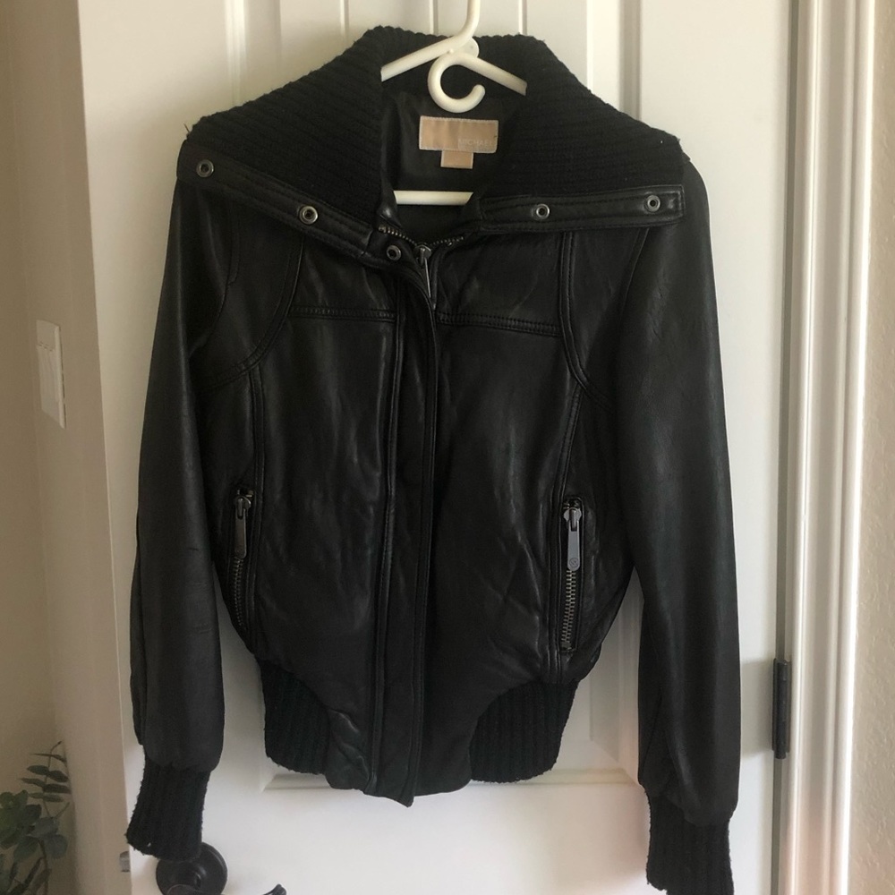 Michael Kors black leather bomber jacket sz S